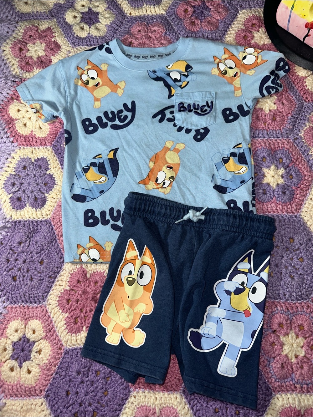 🎉Bluey Kids Shorts Set - Light Blue Top & Navy Shorts. C316